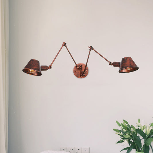 2/3 Bulbs Swing Arm Wall Light Sconce Industrial Rust Finish Metal Wall Mounted Lamp with Cone Shade 2.0 Rust Clearhalo 'Art deco wall lights' 'Cast Iron' 'Glass' 'Industrial wall lights' 'Industrial' 'Middle century wall lights' 'Modern' 'Rustic wall lights' 'Tiffany' 'Traditional wall lights' 'Wall Lamps & Sconces' 'Wall Lights' Lighting' 603013