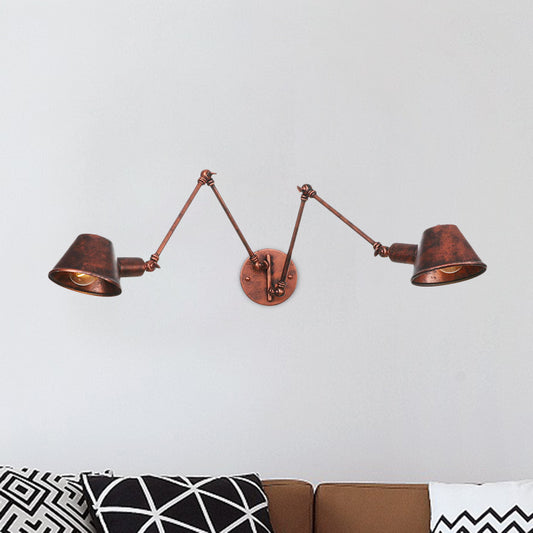 2/3 Bulbs Swing Arm Wall Light Sconce Industrial Rust Finish Metal Wall Mounted Lamp with Cone Shade Clearhalo 'Art deco wall lights' 'Cast Iron' 'Glass' 'Industrial wall lights' 'Industrial' 'Middle century wall lights' 'Modern' 'Rustic wall lights' 'Tiffany' 'Traditional wall lights' 'Wall Lamps & Sconces' 'Wall Lights' Lighting' 603014