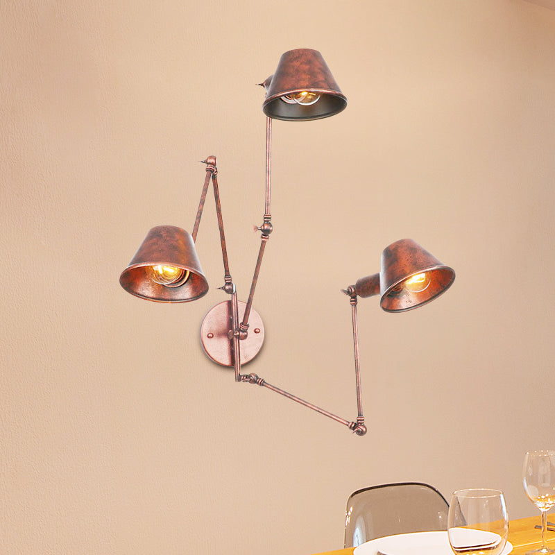 2/3 Bulbs Swing Arm Wall Light Sconce Industrial Rust Finish Metal Wall Mounted Lamp with Cone Shade 3.0 Rust Clearhalo 'Art deco wall lights' 'Cast Iron' 'Glass' 'Industrial wall lights' 'Industrial' 'Middle century wall lights' 'Modern' 'Rustic wall lights' 'Tiffany' 'Traditional wall lights' 'Wall Lamps & Sconces' 'Wall Lights' Lighting' 603018