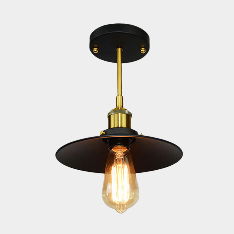 1 Bulb Flared Semi Flush Mount Lamp Vintage Black Finish Metallic Flush Ceiling Light Clearhalo 'Ceiling Lights' 'Close To Ceiling Lights' 'Close to ceiling' 'Semi-flushmount' Lighting' 603163