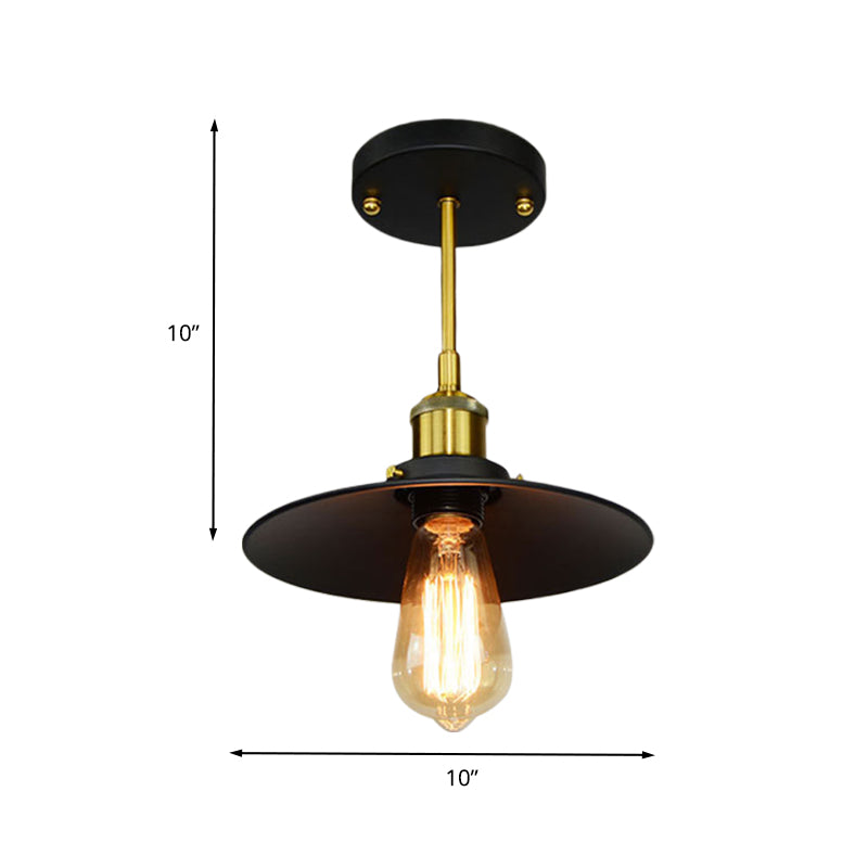 1 Bulb Flared Semi Flush Mount Lamp Vintage Black Finish Metallic Flush Ceiling Light Clearhalo 'Ceiling Lights' 'Close To Ceiling Lights' 'Close to ceiling' 'Semi-flushmount' Lighting' 603164
