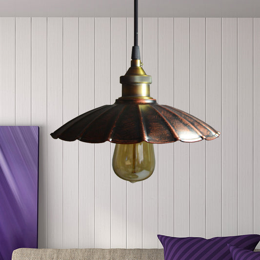 Antiqued Scalloped Drop Pendant Light 1 Bulb 10"/14"/16.5" Wide Iron Ceiling Hang Fixture in Copper Clearhalo 'Art Deco Pendants' 'Cast Iron' 'Ceiling Lights' 'Ceramic' 'Crystal' 'Industrial Pendants' 'Industrial' 'Metal' 'Middle Century Pendants' 'Pendant Lights' 'Pendants' 'Tiffany' Lighting' 603253