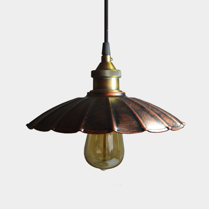 Antiqued Scalloped Drop Pendant Light 1 Bulb 10"/14"/16.5" Wide Iron Ceiling Hang Fixture in Copper Clearhalo 'Art Deco Pendants' 'Cast Iron' 'Ceiling Lights' 'Ceramic' 'Crystal' 'Industrial Pendants' 'Industrial' 'Metal' 'Middle Century Pendants' 'Pendant Lights' 'Pendants' 'Tiffany' Lighting' 603255