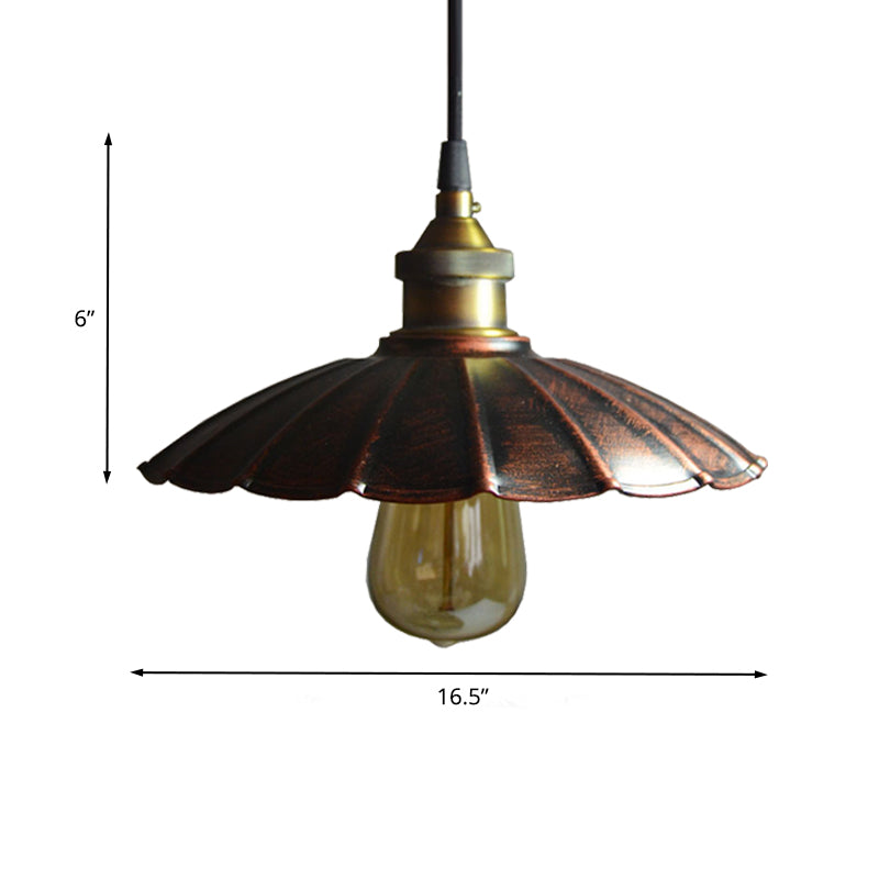 Antiqued Scalloped Drop Pendant Light 1 Bulb 10"/14"/16.5" Wide Iron Ceiling Hang Fixture in Copper Clearhalo 'Art Deco Pendants' 'Cast Iron' 'Ceiling Lights' 'Ceramic' 'Crystal' 'Industrial Pendants' 'Industrial' 'Metal' 'Middle Century Pendants' 'Pendant Lights' 'Pendants' 'Tiffany' Lighting' 603258