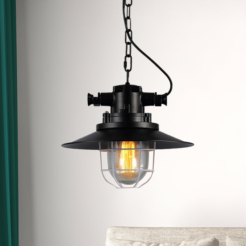 Metal Black Down Lighting Industrial Caged 1-Head Vintage Hanging Ceiling Lamp with Clear Glass Shade Black Clearhalo 'Art Deco Pendants' 'Black' 'Cast Iron' 'Ceiling Lights' 'Ceramic' 'Crystal' 'Industrial Pendants' 'Industrial' 'Metal' 'Middle Century Pendants' 'Pendant Lights' 'Pendants' 'Rustic Pendants' 'Tiffany' Lighting' 603266