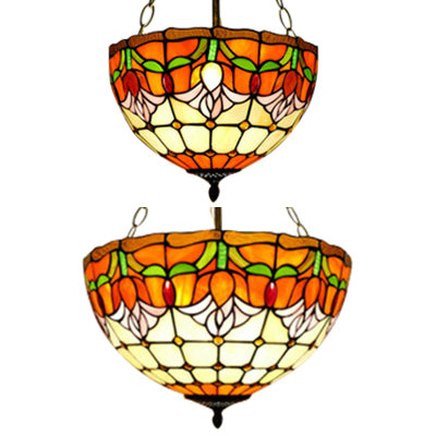 Orange Bowl Pendant Light 12"/16" Width Tiffany Rustic Stained Glass Chandelier for Foyer Clearhalo 'Ceiling Lights' 'Chandeliers' 'Close To Ceiling Lights' 'Close to ceiling' 'Glass shade' 'Glass' 'Semi-flushmount' 'Tiffany close to ceiling' 'Tiffany' Lighting' 60327