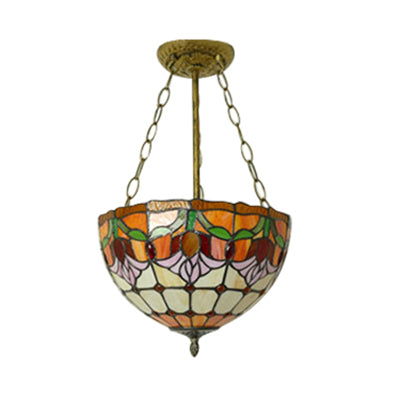 Orange Bowl Pendant Light 12"/16" Width Tiffany Rustic Stained Glass Chandelier for Foyer Clearhalo 'Ceiling Lights' 'Chandeliers' 'Close To Ceiling Lights' 'Close to ceiling' 'Glass shade' 'Glass' 'Semi-flushmount' 'Tiffany close to ceiling' 'Tiffany' Lighting' 60329