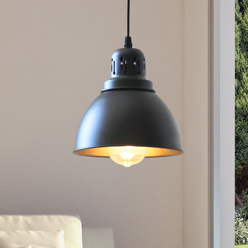 1-Bulb Iron Suspension Light Antiqued Black Finish Domed Stairway Pendant Lamp, 6"/7.5"/12" W Black 7.5" Clearhalo 'Art Deco Pendants' 'Black' 'Cast Iron' 'Ceiling Lights' 'Ceramic' 'Crystal' 'Industrial Pendants' 'Industrial' 'Metal' 'Middle Century Pendants' 'Pendant Lights' 'Pendants' 'Rustic Pendants' 'Tiffany' Lighting' 603290