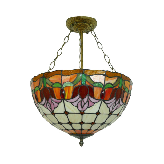 Orange Bowl Pendant Light 12"/16" Width Tiffany Rustic Stained Glass Chandelier for Foyer Clearhalo 'Ceiling Lights' 'Chandeliers' 'Close To Ceiling Lights' 'Close to ceiling' 'Glass shade' 'Glass' 'Semi-flushmount' 'Tiffany close to ceiling' 'Tiffany' Lighting' 60331
