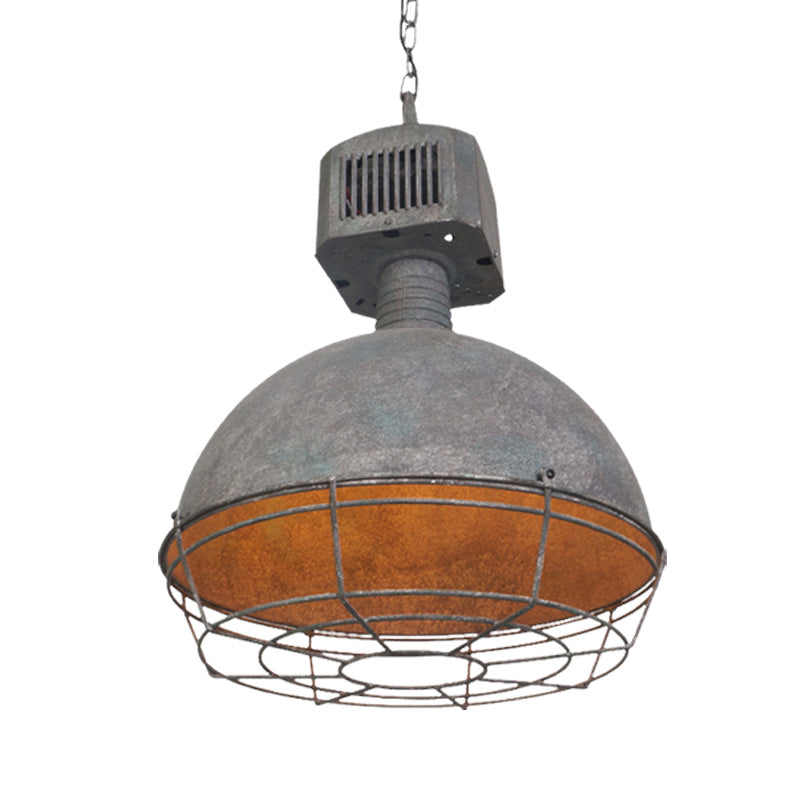 Caged Restaurant Hanging Light Kit Rustic Iron 1 Light Grey Finish Suspended Pendant Lamp with Domed Shade Clearhalo 'Art Deco Pendants' 'Cast Iron' 'Ceiling Lights' 'Ceramic' 'Crystal' 'Industrial Pendants' 'Industrial' 'Metal' 'Middle Century Pendants' 'Pendant Lights' 'Pendants' 'Tiffany' Lighting' 603433