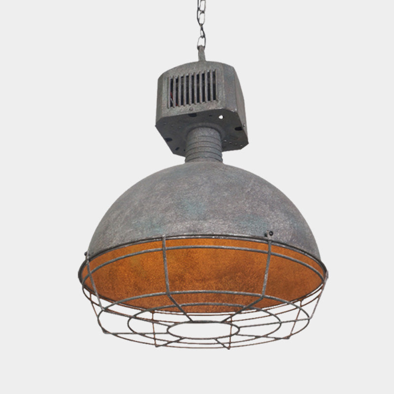 Caged Restaurant Hanging Light Kit Rustic Iron 1 Light Grey Finish Suspended Pendant Lamp with Domed Shade Clearhalo 'Art Deco Pendants' 'Cast Iron' 'Ceiling Lights' 'Ceramic' 'Crystal' 'Industrial Pendants' 'Industrial' 'Metal' 'Middle Century Pendants' 'Pendant Lights' 'Pendants' 'Tiffany' Lighting' 603434
