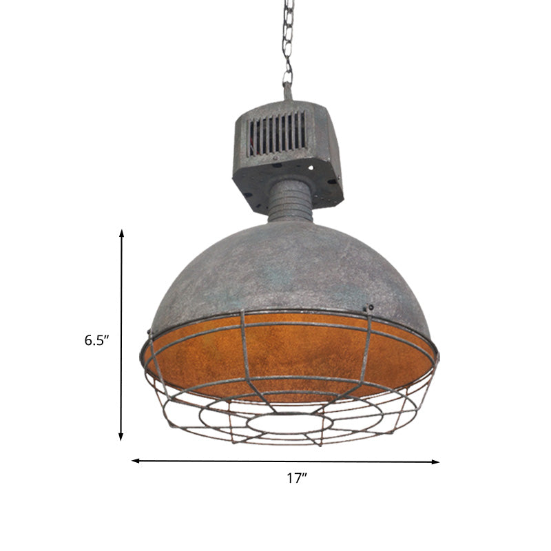 Caged Restaurant Hanging Light Kit Rustic Iron 1 Light Grey Finish Suspended Pendant Lamp with Domed Shade Clearhalo 'Art Deco Pendants' 'Cast Iron' 'Ceiling Lights' 'Ceramic' 'Crystal' 'Industrial Pendants' 'Industrial' 'Metal' 'Middle Century Pendants' 'Pendant Lights' 'Pendants' 'Tiffany' Lighting' 603435