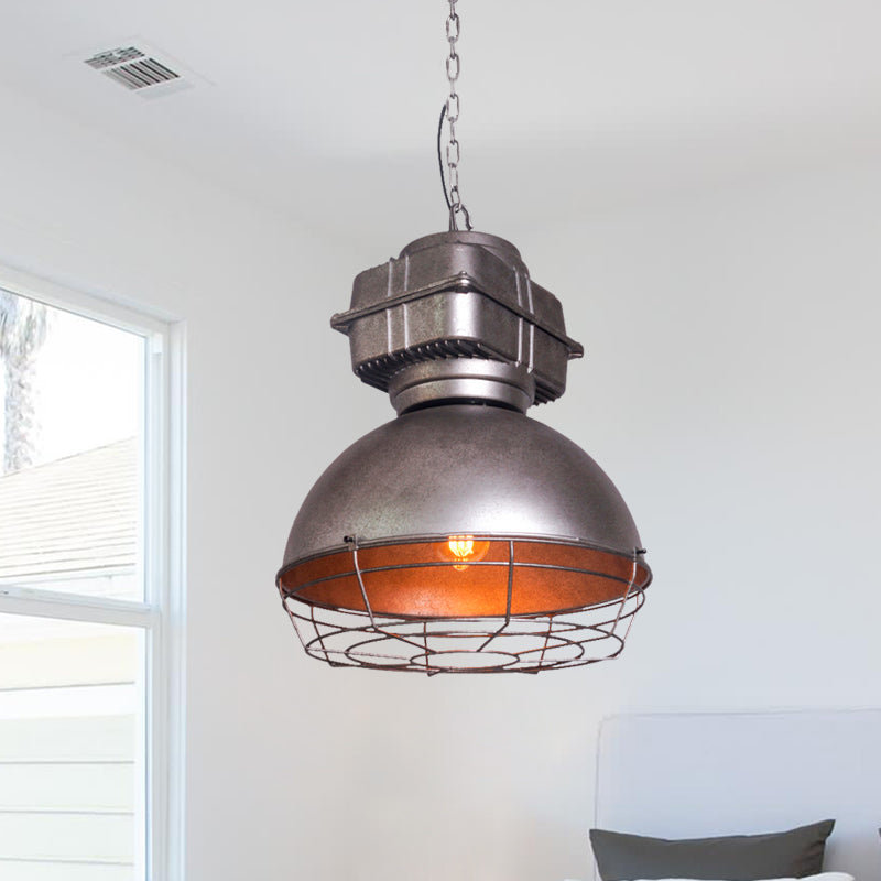 Vintage Dome Pendant Ceiling Light 1 Head Metallic Hanging Lamp in Silver with Cage Silver Clearhalo 'Art Deco Pendants' 'Cast Iron' 'Ceiling Lights' 'Ceramic' 'Crystal' 'Industrial Pendants' 'Industrial' 'Metal' 'Middle Century Pendants' 'Pendant Lights' 'Pendants' 'Tiffany' Lighting' 603443