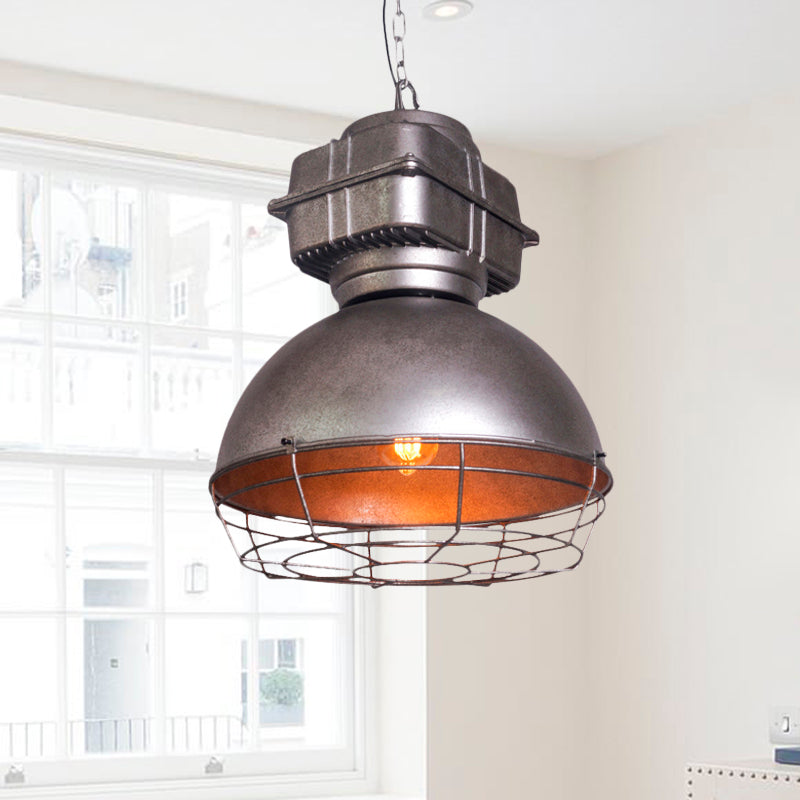 Vintage Dome Pendant Ceiling Light 1 Head Metallic Hanging Lamp in Silver with Cage Clearhalo 'Art Deco Pendants' 'Cast Iron' 'Ceiling Lights' 'Ceramic' 'Crystal' 'Industrial Pendants' 'Industrial' 'Metal' 'Middle Century Pendants' 'Pendant Lights' 'Pendants' 'Tiffany' Lighting' 603444