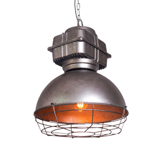 Vintage Dome Pendant Ceiling Light 1 Head Metallic Hanging Lamp in Silver with Cage Clearhalo 'Art Deco Pendants' 'Cast Iron' 'Ceiling Lights' 'Ceramic' 'Crystal' 'Industrial Pendants' 'Industrial' 'Metal' 'Middle Century Pendants' 'Pendant Lights' 'Pendants' 'Tiffany' Lighting' 603445