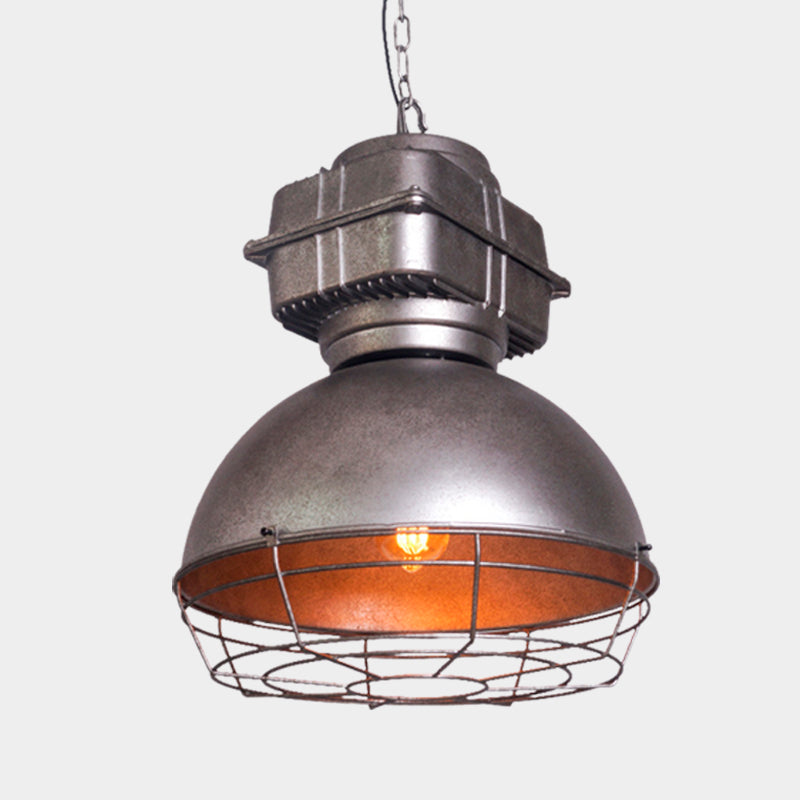 Vintage Dome Pendant Ceiling Light 1 Head Metallic Hanging Lamp in Silver with Cage Clearhalo 'Art Deco Pendants' 'Cast Iron' 'Ceiling Lights' 'Ceramic' 'Crystal' 'Industrial Pendants' 'Industrial' 'Metal' 'Middle Century Pendants' 'Pendant Lights' 'Pendants' 'Tiffany' Lighting' 603446