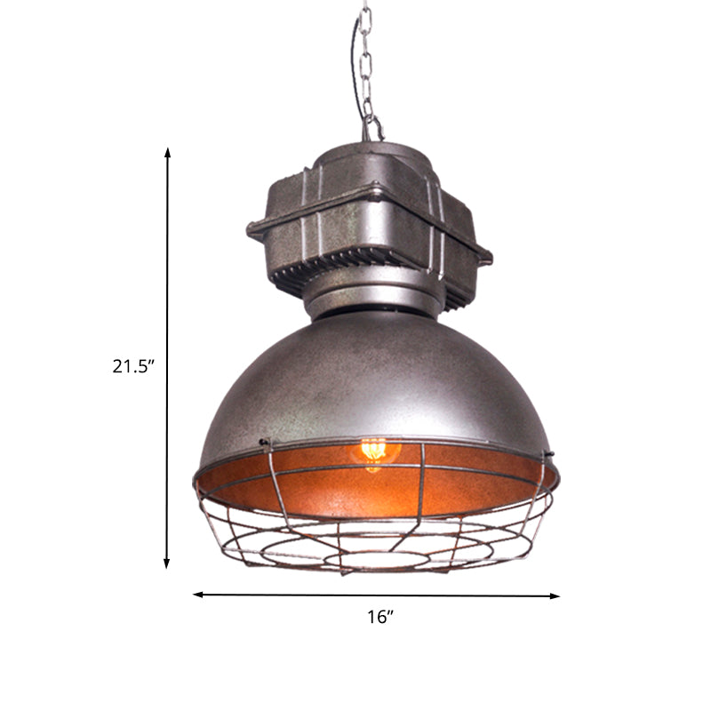 Vintage Dome Pendant Ceiling Light 1 Head Metallic Hanging Lamp in Silver with Cage Clearhalo 'Art Deco Pendants' 'Cast Iron' 'Ceiling Lights' 'Ceramic' 'Crystal' 'Industrial Pendants' 'Industrial' 'Metal' 'Middle Century Pendants' 'Pendant Lights' 'Pendants' 'Tiffany' Lighting' 603447