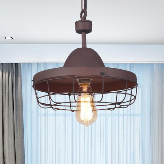 Rust 1 Light Pendant Lighting Antiqued Metal Barn Shade Suspension Lamp with Cage Clearhalo 'Art Deco Pendants' 'Cast Iron' 'Ceiling Lights' 'Ceramic' 'Crystal' 'Industrial Pendants' 'Industrial' 'Metal' 'Middle Century Pendants' 'Pendant Lights' 'Pendants' 'Tiffany' Lighting' 603505