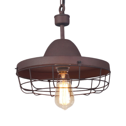 Rust 1 Light Pendant Lighting Antiqued Metal Barn Shade Suspension Lamp with Cage Clearhalo 'Art Deco Pendants' 'Cast Iron' 'Ceiling Lights' 'Ceramic' 'Crystal' 'Industrial Pendants' 'Industrial' 'Metal' 'Middle Century Pendants' 'Pendant Lights' 'Pendants' 'Tiffany' Lighting' 603506