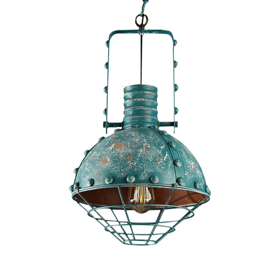 Wire Cage Iron Down Lighting Rustic 1-Head Restaurant Handle Hanging Pendant in Aqua with Domed Shade Clearhalo 'Art Deco Pendants' 'Cast Iron' 'Ceiling Lights' 'Ceramic' 'Crystal' 'Industrial Pendants' 'Industrial' 'Metal' 'Middle Century Pendants' 'Pendant Lights' 'Pendants' 'Tiffany' Lighting' 603528