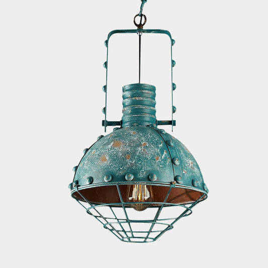 Wire Cage Iron Down Lighting Rustic 1-Head Restaurant Handle Hanging Pendant in Aqua with Domed Shade Clearhalo 'Art Deco Pendants' 'Cast Iron' 'Ceiling Lights' 'Ceramic' 'Crystal' 'Industrial Pendants' 'Industrial' 'Metal' 'Middle Century Pendants' 'Pendant Lights' 'Pendants' 'Tiffany' Lighting' 603529