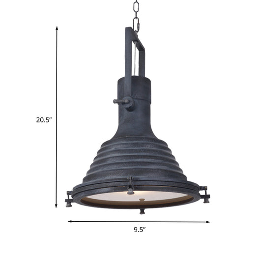Industrial Ribbed Conical Suspension Light 1 Bulb Metallic Hanging Ceiling Lamp in Black with Handle Clearhalo 'Art Deco Pendants' 'Black' 'Cast Iron' 'Ceiling Lights' 'Ceramic' 'Crystal' 'Industrial Pendants' 'Industrial' 'Metal' 'Middle Century Pendants' 'Pendant Lights' 'Pendants' 'Rustic Pendants' 'Tiffany' Lighting' 603535