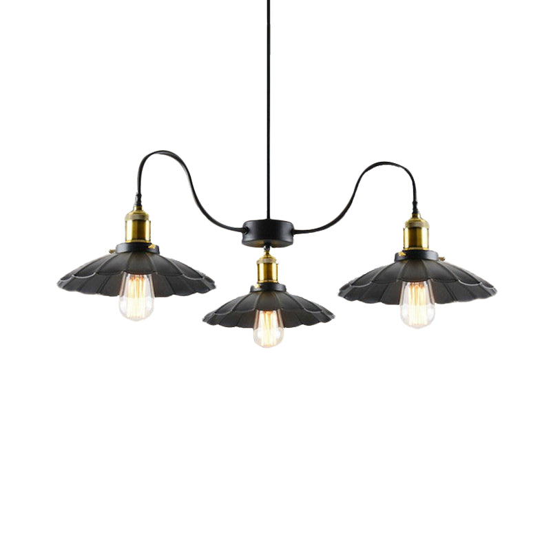 3 Heads Gooseneck Arm Hanging Light Vintage Black Iron Ceiling Chandelier with Scalloped Shade Clearhalo 'Cast Iron' 'Ceiling Lights' 'Chandeliers' 'Industrial Chandeliers' 'Industrial' 'Metal' 'Middle Century Chandeliers' 'Rustic Chandeliers' 'Tiffany' Lighting' 603538