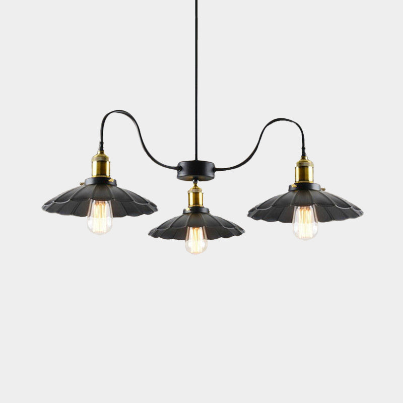 3 Heads Gooseneck Arm Hanging Light Vintage Black Iron Ceiling Chandelier with Scalloped Shade Clearhalo 'Cast Iron' 'Ceiling Lights' 'Chandeliers' 'Industrial Chandeliers' 'Industrial' 'Metal' 'Middle Century Chandeliers' 'Rustic Chandeliers' 'Tiffany' Lighting' 603539