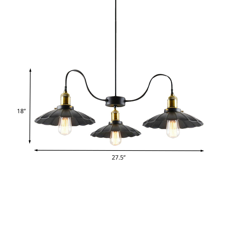 3 Heads Gooseneck Arm Hanging Light Vintage Black Iron Ceiling Chandelier with Scalloped Shade Clearhalo 'Cast Iron' 'Ceiling Lights' 'Chandeliers' 'Industrial Chandeliers' 'Industrial' 'Metal' 'Middle Century Chandeliers' 'Rustic Chandeliers' 'Tiffany' Lighting' 603540