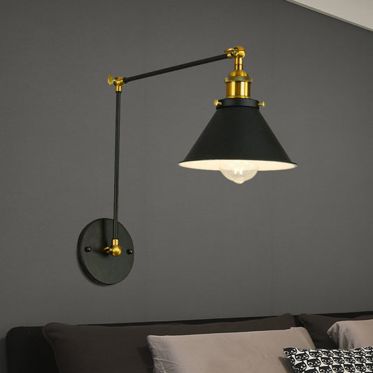 Cone Metal Sconce Vintage 1 Bulb Restaurant Wall Lighting Fixture in Black with Swing Arm Black Clearhalo 'Art deco wall lights' 'Cast Iron' 'Glass' 'Industrial wall lights' 'Industrial' 'Middle century wall lights' 'Modern' 'Rustic wall lights' 'Tiffany' 'Traditional wall lights' 'Wall Lamps & Sconces' 'Wall Lights' Lighting' 603546