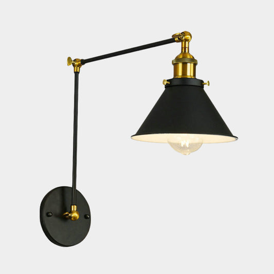 Cone Metal Sconce Vintage 1 Bulb Restaurant Wall Lighting Fixture in Black with Swing Arm Clearhalo 'Art deco wall lights' 'Cast Iron' 'Glass' 'Industrial wall lights' 'Industrial' 'Middle century wall lights' 'Modern' 'Rustic wall lights' 'Tiffany' 'Traditional wall lights' 'Wall Lamps & Sconces' 'Wall Lights' Lighting' 603549