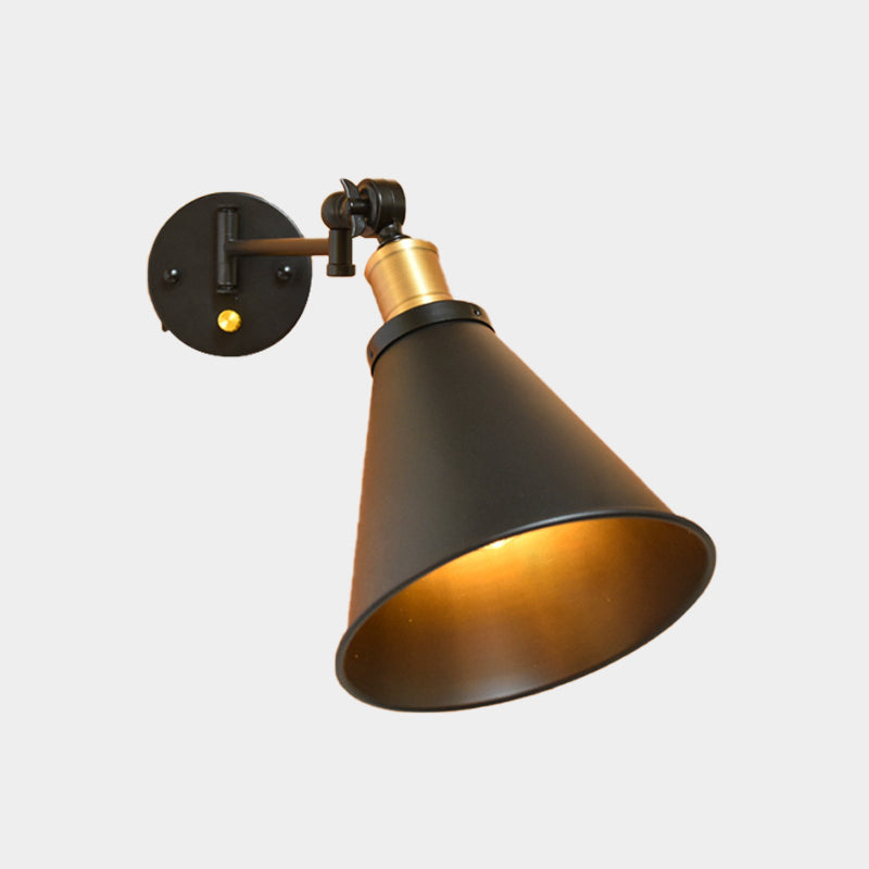 Black/White 1 Head Wall Light Sconce Vintage Iron Conical Swing Arm Wall Mounted Lamp for Study Room Clearhalo 'Art deco wall lights' 'Cast Iron' 'Glass' 'Industrial wall lights' 'Industrial' 'Middle century wall lights' 'Modern' 'Rustic wall lights' 'Tiffany' 'Traditional wall lights' 'Wall Lamps & Sconces' 'Wall Lights' Lighting' 603569