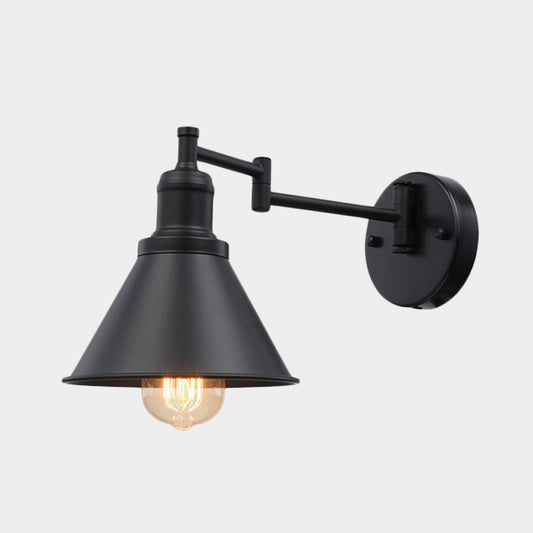 Swing Arm Iron Sconce Lighting Vintage 1 Bulb Coffee Shop Wall Lamp in Black with Conical Shade Clearhalo 'Art deco wall lights' 'Cast Iron' 'Glass' 'Industrial wall lights' 'Industrial' 'Middle century wall lights' 'Modern' 'Rustic wall lights' 'Tiffany' 'Traditional wall lights' 'Wall Lamps & Sconces' 'Wall Lights' Lighting' 603577