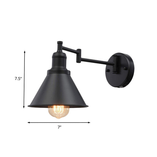 Swing Arm Iron Sconce Lighting Vintage 1 Bulb Coffee Shop Wall Lamp in Black with Conical Shade Clearhalo 'Art deco wall lights' 'Cast Iron' 'Glass' 'Industrial wall lights' 'Industrial' 'Middle century wall lights' 'Modern' 'Rustic wall lights' 'Tiffany' 'Traditional wall lights' 'Wall Lamps & Sconces' 'Wall Lights' Lighting' 603578