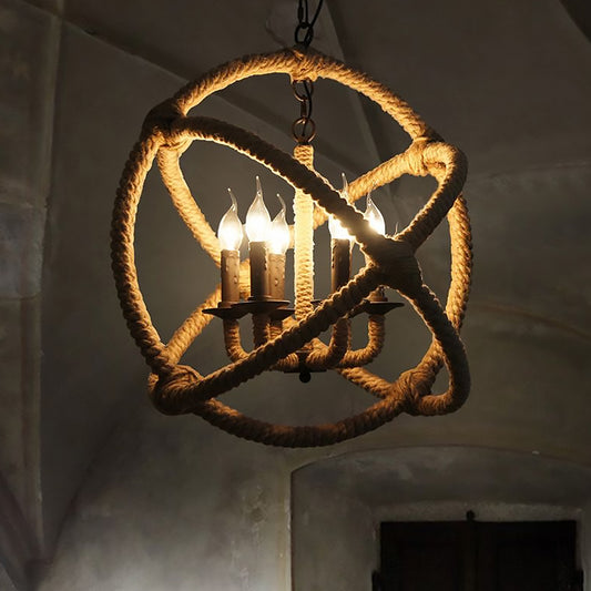 Beige Chandeliers for Bedrooms, Rope Globe Cage Hanging Lamp with Adjustable Chain Industrial Style 6 Beige Clearhalo 'Ceiling Lights' 'Chandeliers' 'Industrial Chandeliers' 'Industrial' 'Middle Century Chandeliers' 'Tiffany' Lighting' 603778
