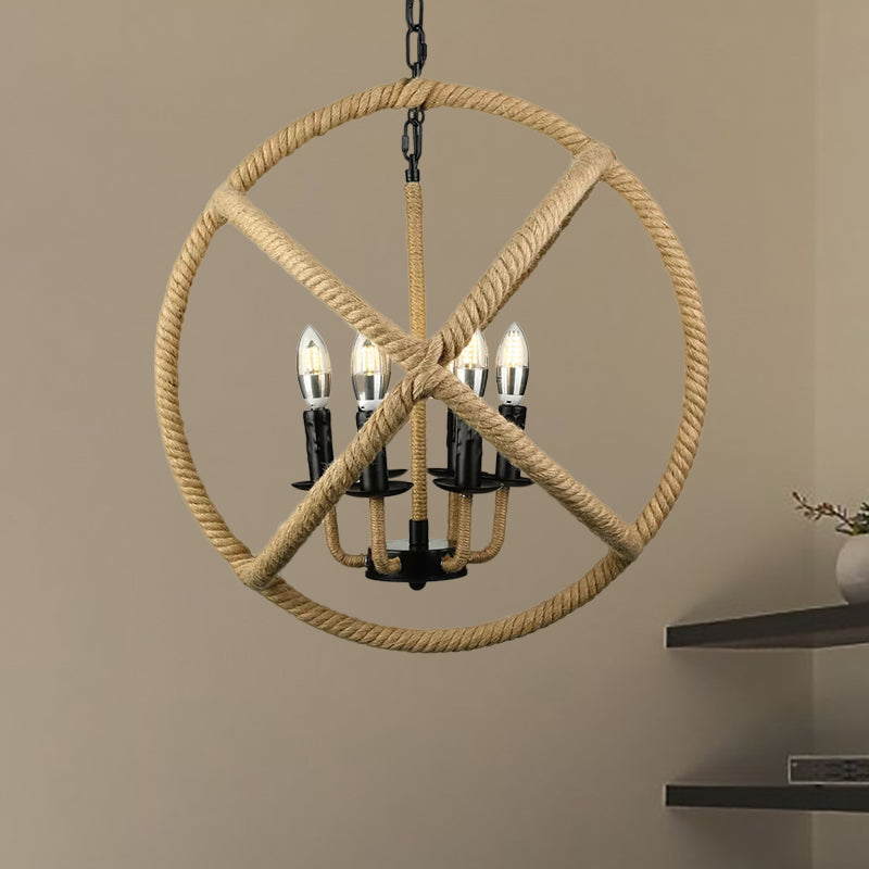 Beige Chandeliers for Bedrooms, Rope Globe Cage Hanging Lamp with Adjustable Chain Industrial Style Clearhalo 'Ceiling Lights' 'Chandeliers' 'Industrial Chandeliers' 'Industrial' 'Middle Century Chandeliers' 'Tiffany' Lighting' 603779