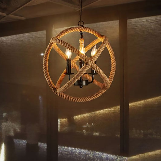 Beige Chandeliers for Bedrooms, Rope Globe Cage Hanging Lamp with Adjustable Chain Industrial Style 3 Beige Clearhalo 'Ceiling Lights' 'Chandeliers' 'Industrial Chandeliers' 'Industrial' 'Middle Century Chandeliers' 'Tiffany' Lighting' 603780