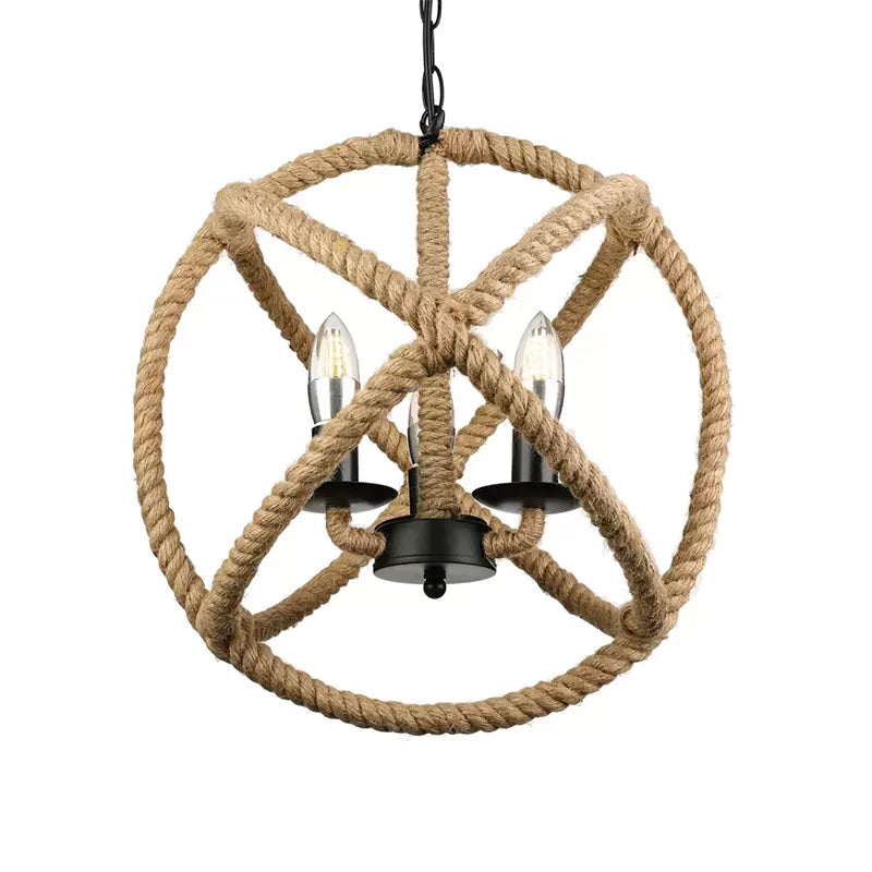 Beige Chandeliers for Bedrooms, Rope Globe Cage Hanging Lamp with Adjustable Chain Industrial Style Clearhalo 'Ceiling Lights' 'Chandeliers' 'Industrial Chandeliers' 'Industrial' 'Middle Century Chandeliers' 'Tiffany' Lighting' 603781