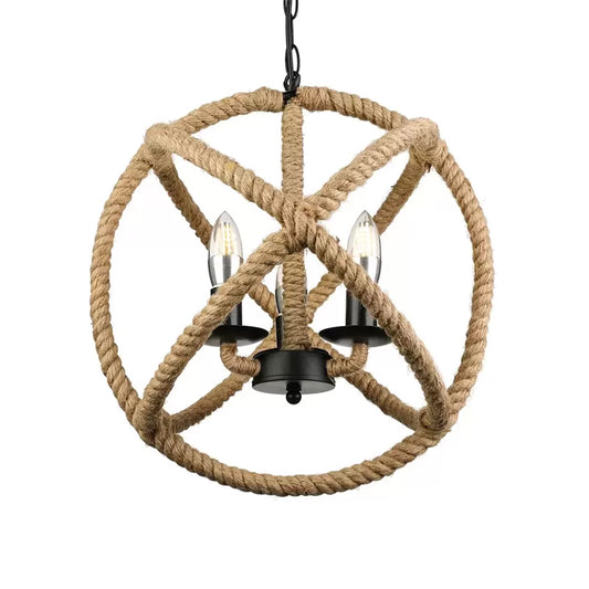 Beige Chandeliers for Bedrooms, Rope Globe Cage Hanging Lamp with Adjustable Chain Industrial Style Clearhalo 'Ceiling Lights' 'Chandeliers' 'Industrial Chandeliers' 'Industrial' 'Middle Century Chandeliers' 'Tiffany' Lighting' 603781