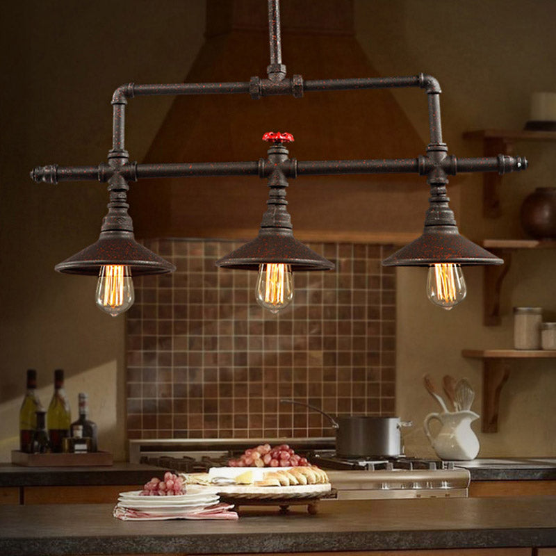 3/5 Heads Hanging Island Light Industrial Style Cone Shade Metallic Pendant Lighting with Red Valve in Rust Clearhalo 'Ceiling Lights' 'Island Lights' Lighting' 603834