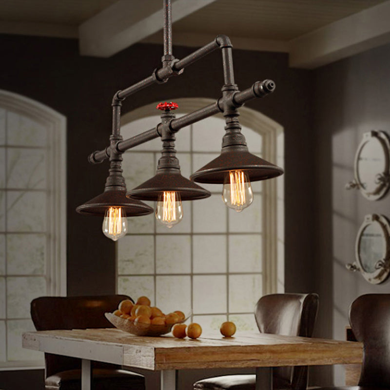 3/5 Heads Hanging Island Light Industrial Style Cone Shade Metallic Pendant Lighting with Red Valve in Rust Clearhalo 'Ceiling Lights' 'Island Lights' Lighting' 603836