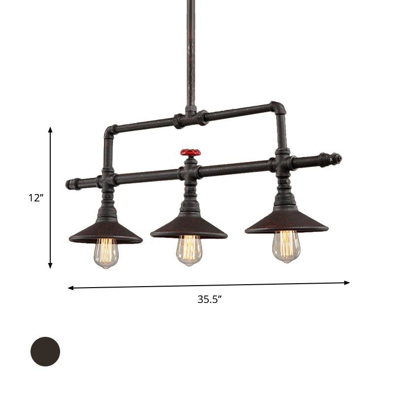 3/5 Heads Hanging Island Light Industrial Style Cone Shade Metallic Pendant Lighting with Red Valve in Rust Clearhalo 'Ceiling Lights' 'Island Lights' Lighting' 603838
