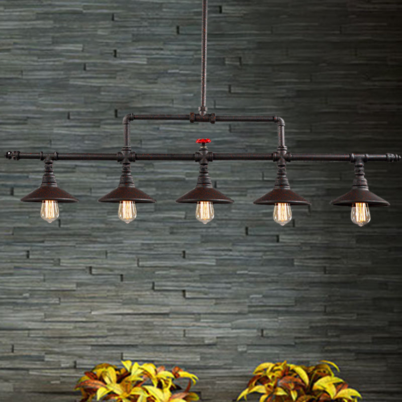 3/5 Heads Hanging Island Light Industrial Style Cone Shade Metallic Pendant Lighting with Red Valve in Rust Clearhalo 'Ceiling Lights' 'Island Lights' Lighting' 603841