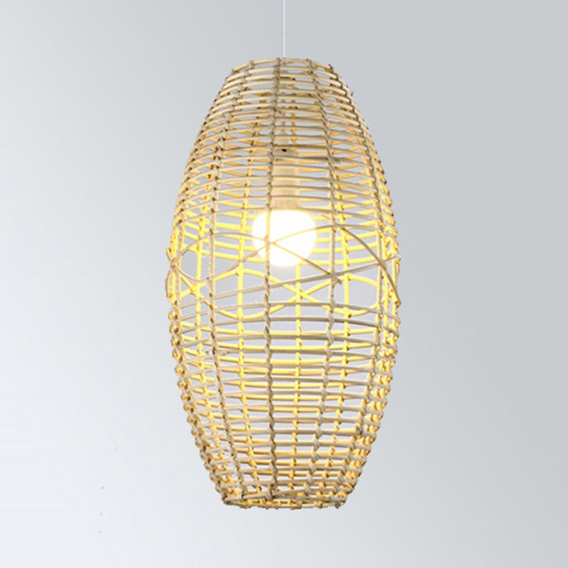 Beige/Brown Ellipse Hanging Pendant Rustic Woven Rattan 1-Light Suspended Lamp for Restaurant Cafe Clearhalo 'Ceiling Lights' 'Pendant Lights' 'Pendants' Lighting' 603909