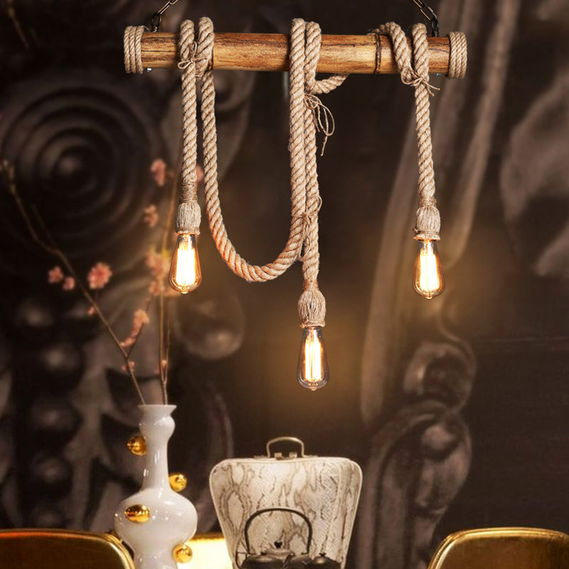 3/4 Lights Open Bulb Island Light Lodge Industrial Beige Adjustable Rope Ceiling Light with Bamboo 3 Beige B Clearhalo 'Ceiling Lights' 'Island Lights' Lighting' 605609