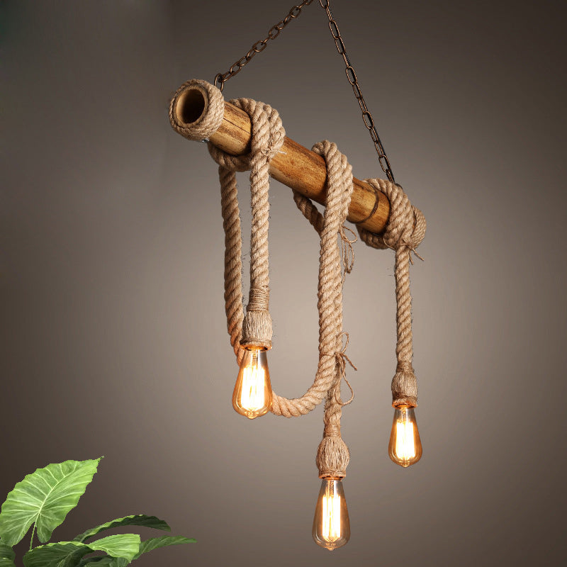 3/4 Lights Open Bulb Island Light Lodge Industrial Beige Adjustable Rope Ceiling Light with Bamboo Clearhalo 'Ceiling Lights' 'Island Lights' Lighting' 605611