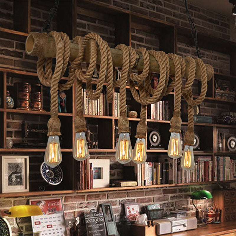 3/4 Lights Open Bulb Island Light Lodge Industrial Beige Adjustable Rope Ceiling Light with Bamboo 6 Beige B Clearhalo 'Ceiling Lights' 'Island Lights' Lighting' 605614