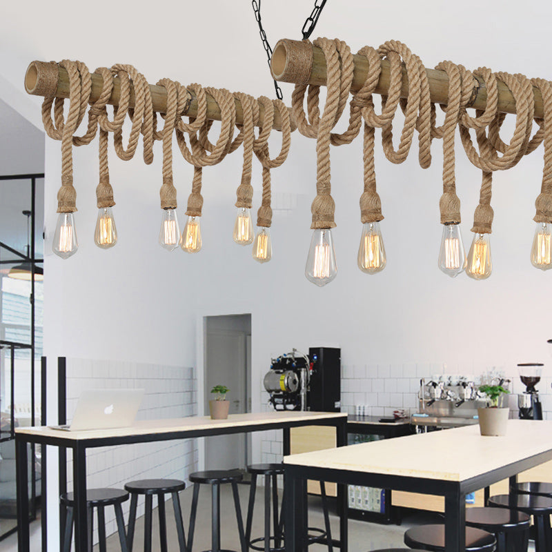 3/4 Lights Open Bulb Island Light Lodge Industrial Beige Adjustable Rope Ceiling Light with Bamboo Clearhalo 'Ceiling Lights' 'Island Lights' Lighting' 605615
