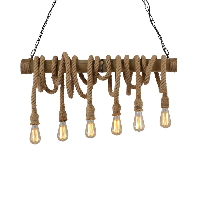 3/4 Lights Open Bulb Island Light Lodge Industrial Beige Adjustable Rope Ceiling Light with Bamboo Clearhalo 'Ceiling Lights' 'Island Lights' Lighting' 605617