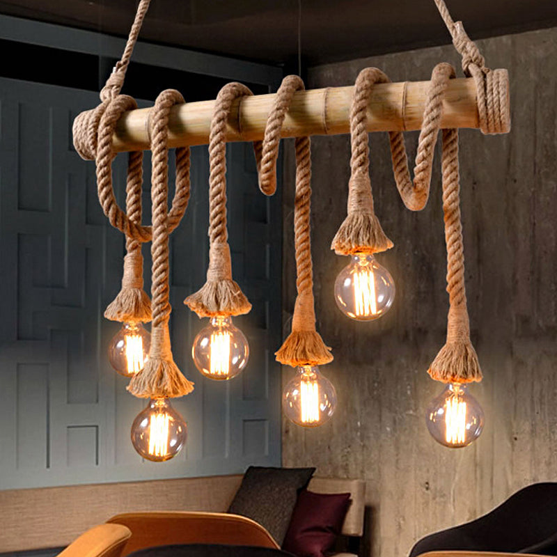 3/4 Lights Open Bulb Island Light Lodge Industrial Beige Adjustable Rope Ceiling Light with Bamboo 6 Beige A Clearhalo 'Ceiling Lights' 'Island Lights' Lighting' 605619